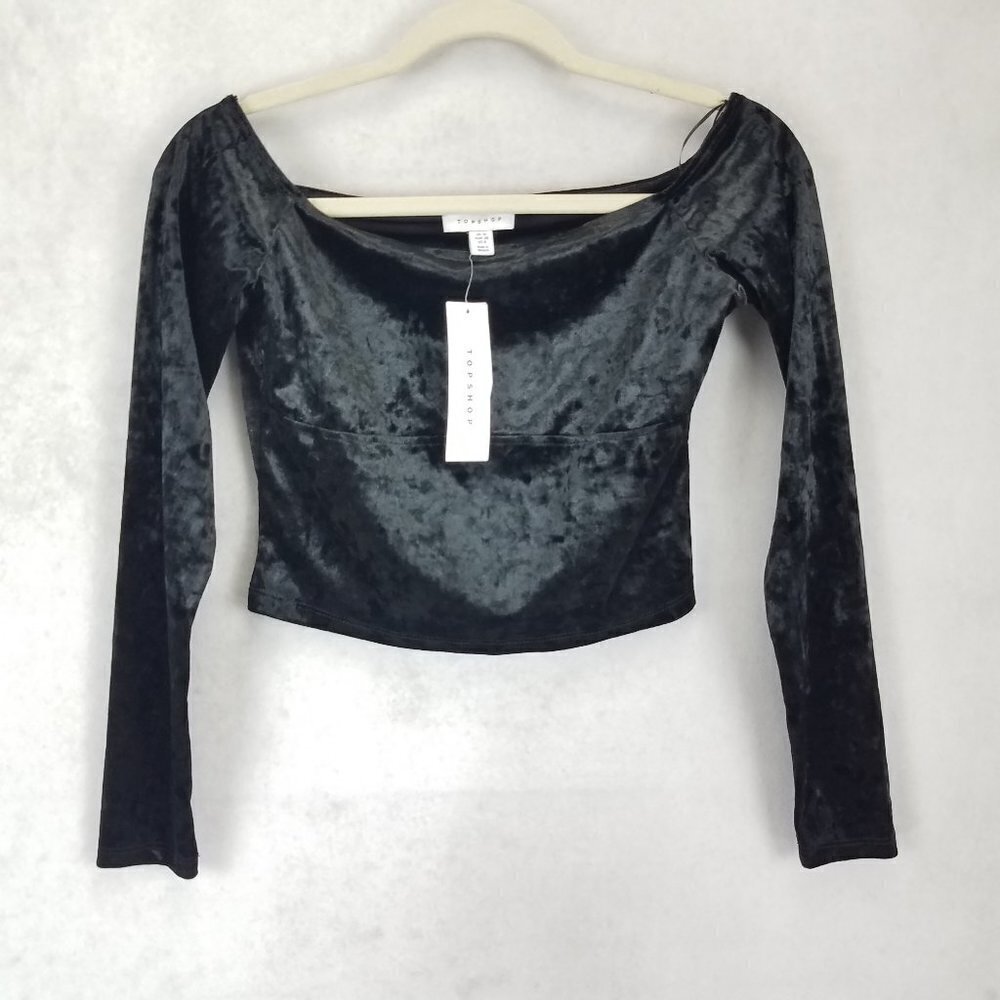 NEW Topshop Size 6 Cropped Off Shoulder Velvet Black Top NWT $38